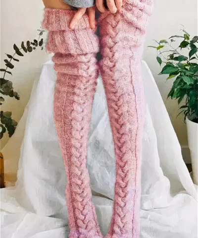 Long Tube Knitted Winter Socks in Pink Color