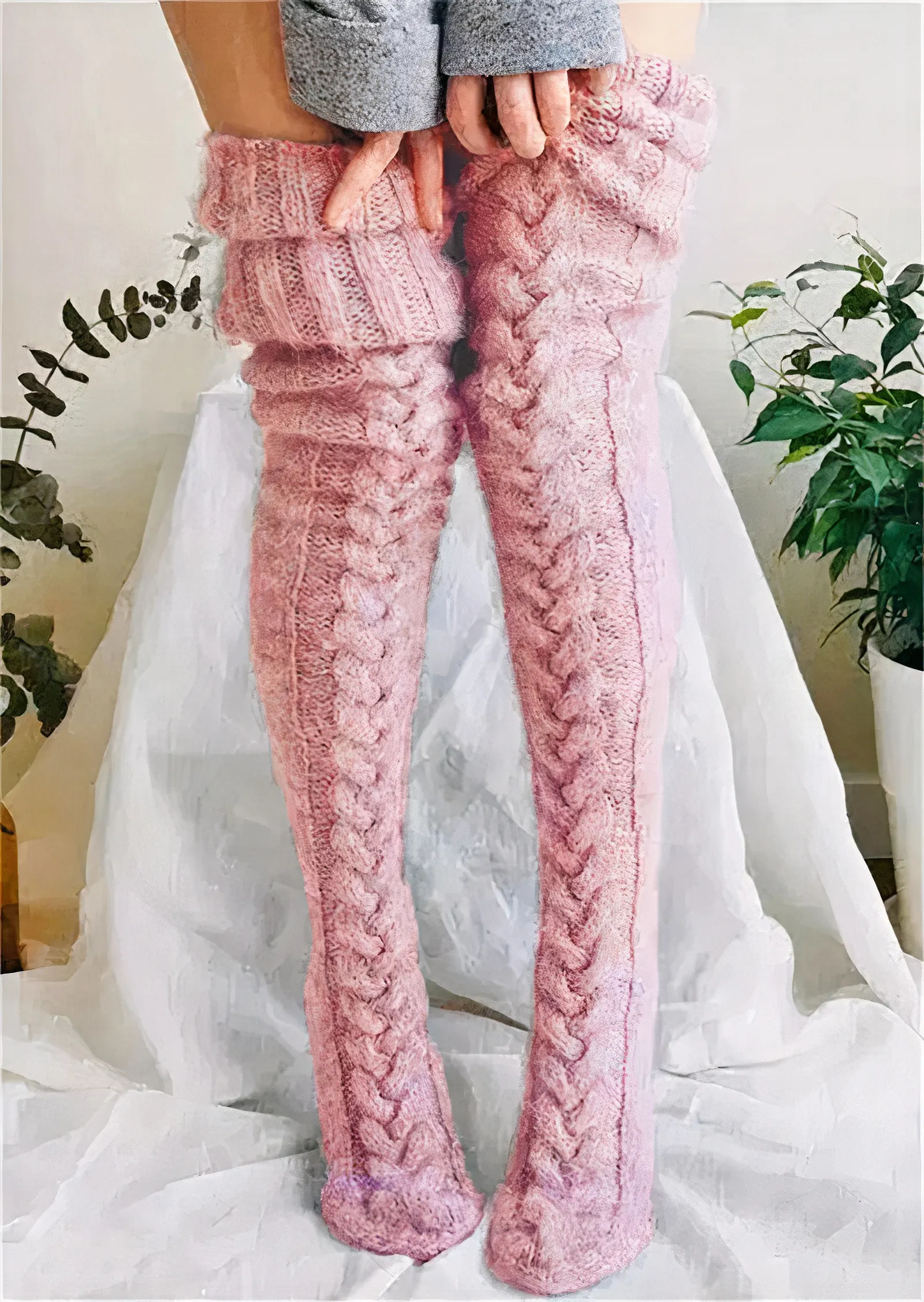 Long Tube Knitted Winter Socks in Pink Color