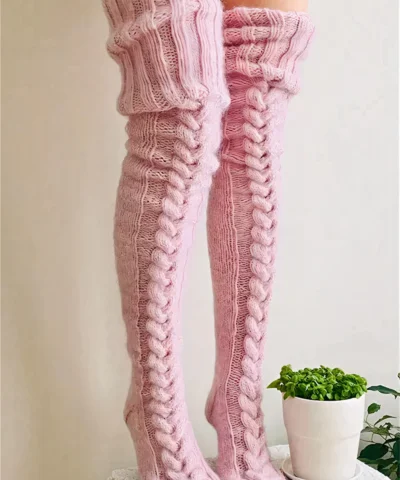 Winter Over The Knee Knitted Pink Socks