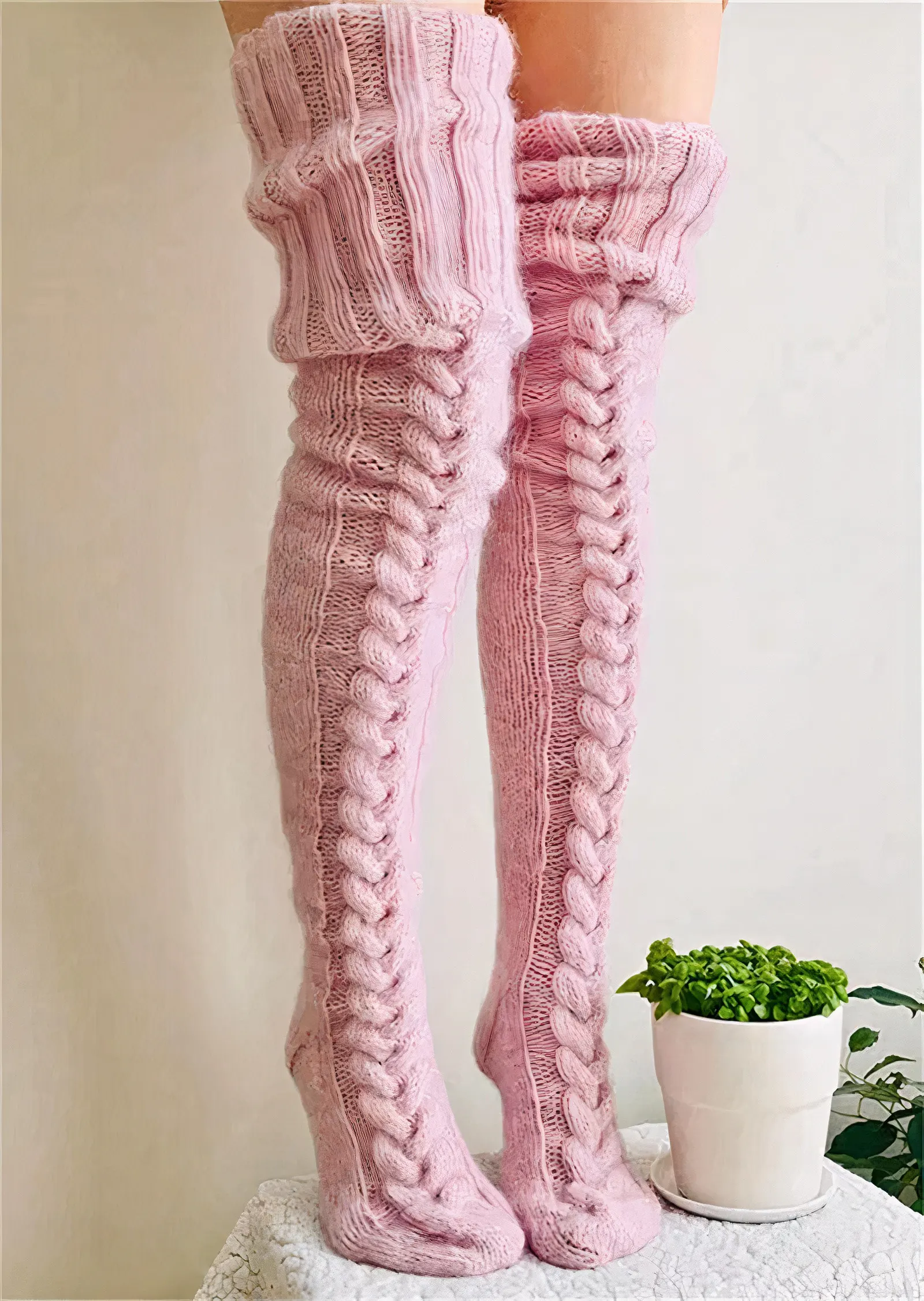 Winter Over The Knee Knitted Pink Socks