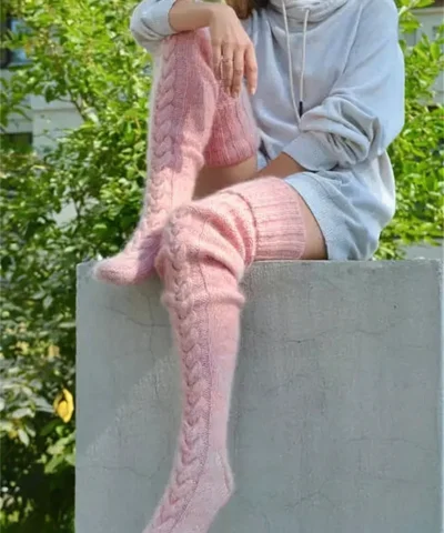 Winter Over The Knee Knitted Pink Socks - Image 3