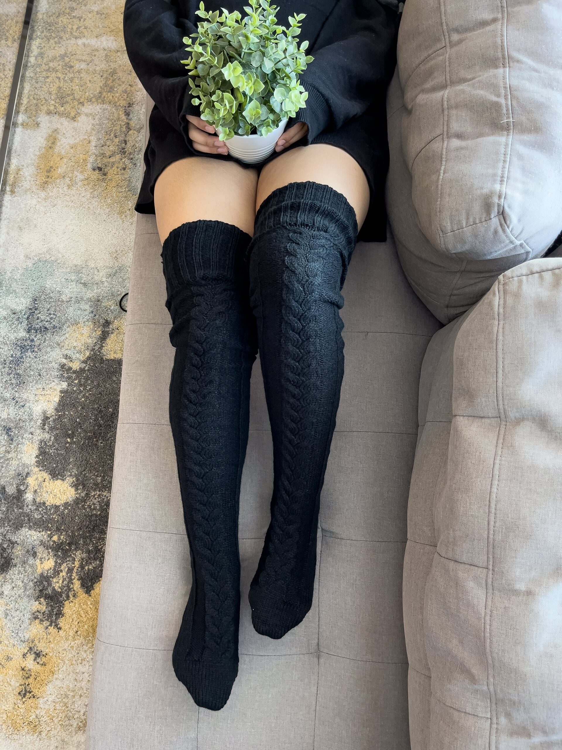 Long Tube Knitted Winter Socks in Black Color