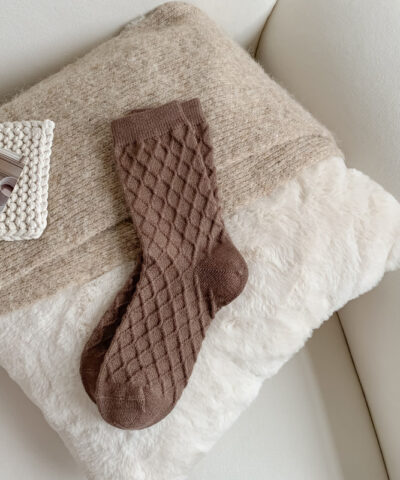 Women's Cashmere Plain Checked Reverse Knitting Socks - Image 7