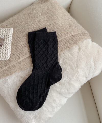 Women's Cashmere Plain Checked Reverse Knitting Socks - Image 5
