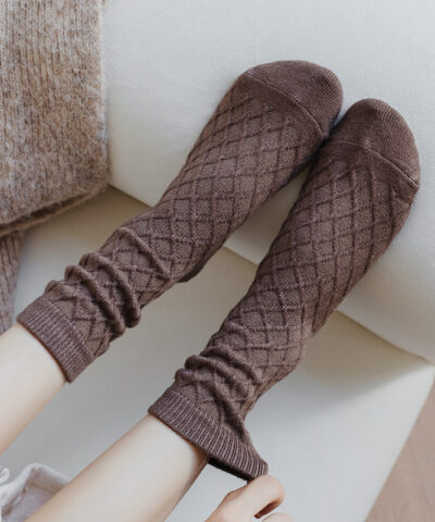 Women's Cashmere Plain Checked Reverse Knitting Socks - Image 4
