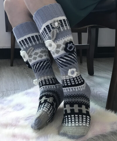 Jacquard Floral Long Socks, Hand Crochet Socks